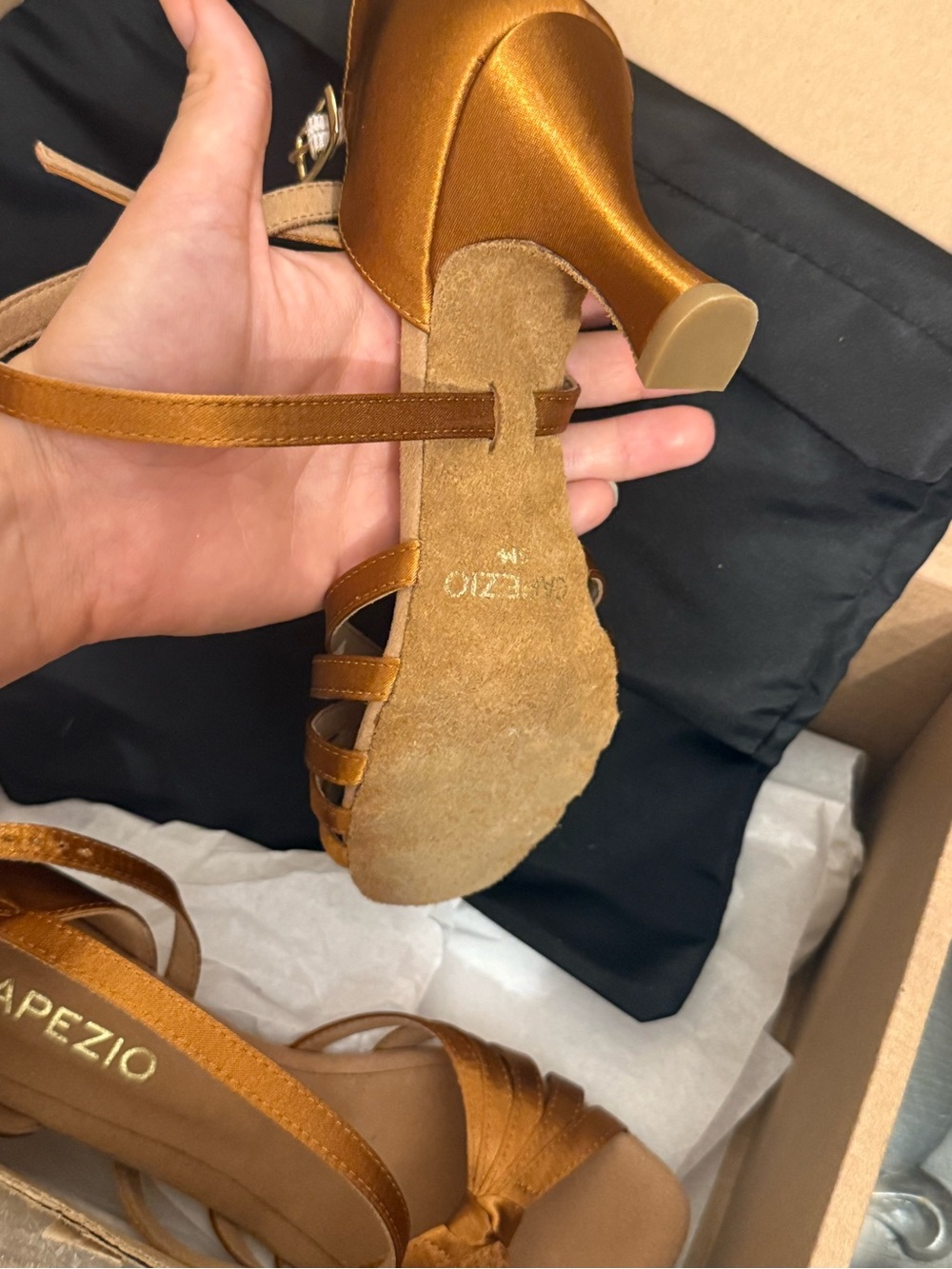 Capezio 5 Julia 2.5” Heel Ballroom Dance Shoe Cinnamon Brown Satin Strappy - Picture 8 of 9